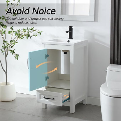 LUCKWIND 18" Bathroom Vanity and Sink Combos, Modern Bathroom Storage Painted Cabinet with Undercounter Ceramic Single Sink Top, Matte Black Faucet and Drawer, Mirror Not Included, White