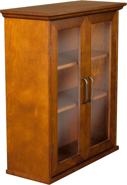 Teamson Home Avery Wooden Over The Toilet Bathroom Removable Wall Medicine Cabinet with 2 Adjustable Shelves 3 Storage Spaces 2 Glass-Paneled Doors and Antique Brass Knobs, Oiled Oak | Glass Paneled Doors, 2 Adjustable Shelves, Antique Brass Knobs, Med...