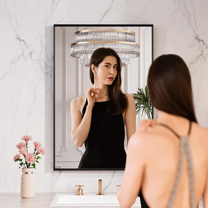 LOAAO Black Bathroom Mirror 24"X32" | Tempered Glass, Hangs Vertically or Horizontally, Easy to Install, Wall Mounted, Modern Design