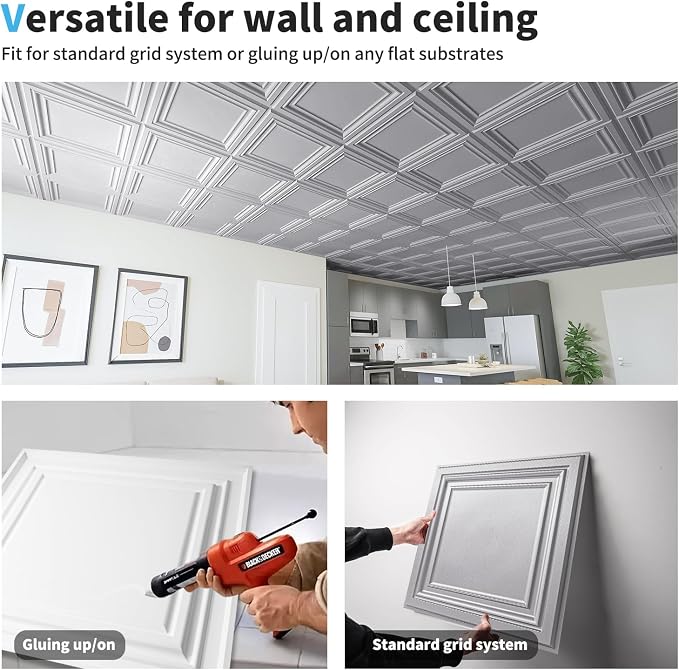 Art3d PVC Ceiling Tiles, 2'x2' Plastic Sheet in Argent Silver (12-Pack)