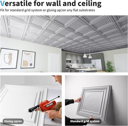 Art3d PVC Ceiling Tiles, 2'x2' Plastic Sheet in Argent Silver (12-Pack)