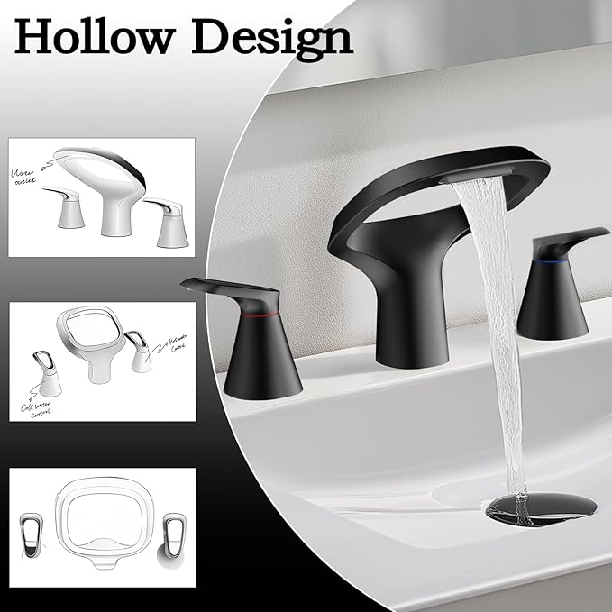 Matte Black Bathroom Faucet 3 Hole, Modern Faucet for Bathroom Sink with Adjustable Spout, Solid Brass 8 Inch Widespread Waterfall Bathroom Faucets with Supply Hoses and 2 Handles for Vanity Sink