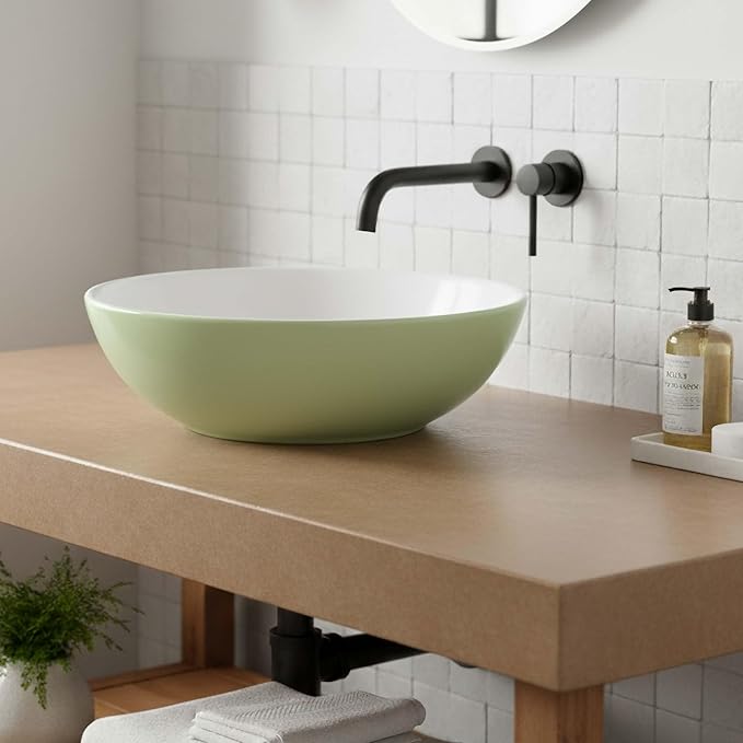 Fine Fixtures Bathroom Sink - 16 Inch Round Ceramic Vessel Sink, Modern Textured Interior Bowl Design, Perfect Sink for Bathroom Vanity, Sage Green Wash Basin