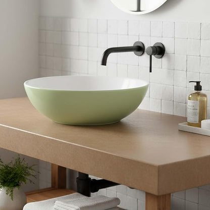 Fine Fixtures Bathroom Sink - 16 Inch Round Ceramic Vessel Sink, Modern Textured Interior Bowl Design, Perfect Sink for Bathroom Vanity, Sage Green Wash Basin