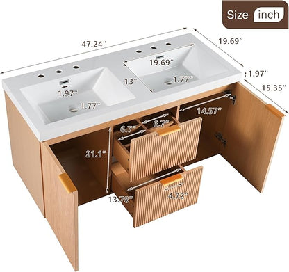 Merax 48" Bathroom Vanities Cabinet with Double Sinks Combo, Modern Floating Bathroom Vanity with Resin Countertop, Soft-Close System and Divided Drawers, Nature Wood