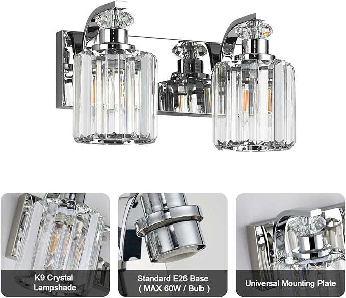 Chrome Bathroom Light Fixtures with K9 Crystal Lampshade Bathroom Lighting Over Mirror Vanity Lights for Living Room,Bedroom,Restroom,Hallway 2 Lights