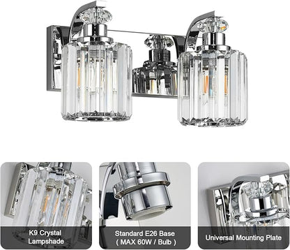 Chrome Bathroom Light Fixtures with K9 Crystal Lampshade Bathroom Lighting Over Mirror Vanity Lights for Living Room,Bedroom,Restroom,Hallway 2 Lights