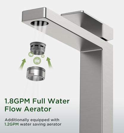 FORIOUS Vessel Sink Faucet Single Hole, Brushed Nickel Tall Bathroom Faucet | Modern Tall Single Handle Space Saving Design, with Pop up Drain for Basin Bowl Vanity Lavatory Residential/Commercial Use