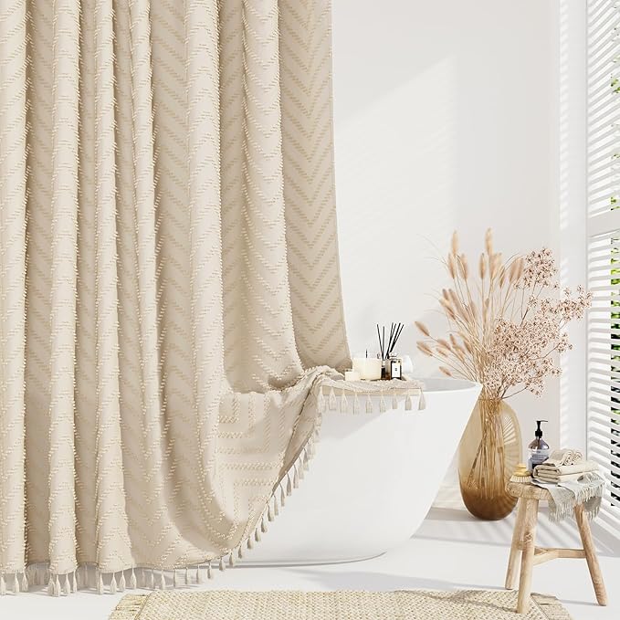 Boho Farmhouse Fabric Shower Curtain Tufted Chevron 72"x72" Beige | Elegant Tassel, Soft Lightweight Textured Cloth, Water Repellent, Washable, Hotel Spa, for Bathroom/Dorm/Apartment 12 Hooks