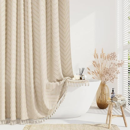 Long Boho Farmhouse Shower Curtain Tufted Chevron 72"x78" Beige | 78 Inch Tall, Elegant Tassel, Lightweight Textured Fabric, Water Repellent, Washable, Hotel Spa, for Bathroom/Dorm 12 Hooks