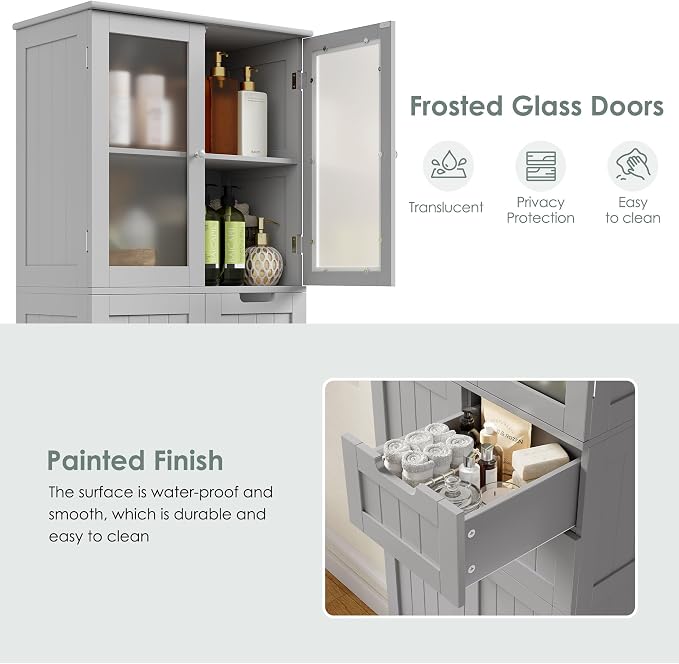 BOTLOG 67'' Tall Bathroom Storage Cabinet with Adjustable Shelf | Frosted Glass Doors, Wood Drawers, Kitchen Pantry Line Cabinet for Kitchen Bathroom, Living Room, Grey