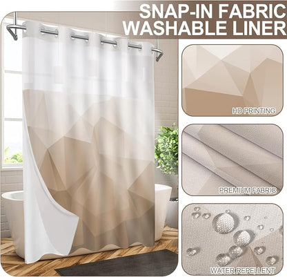 No Hook Shower Curtain with Snap in Liner Set, Brown, 71x74 | Waterproof Fabric for Bathroom, Modern Hotel Style Ombre Design, Mesh Top Window, Machine Washable, Quick Install
