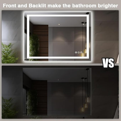 EchosLife 44"x36" LED Light Mirror for Bathroom | Backlit + Front Lit, Anti-Fog, Stepless Dimmable, 3 Colors, Memory, Tempered Glass, UL Listed, Horizontal/Vertical