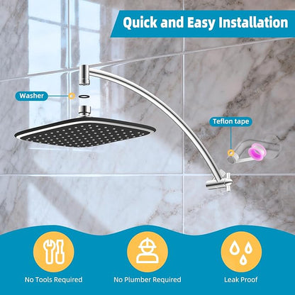 10" Rain Shower Head with 16" Metal Extension Arm, High-Pressure Showerhead | Chrome, Boosting Rainfall/Fixed Showerhead, Stainless Steel Shower Extender Adjustable Height/Angle, Easy 1-Min Installation