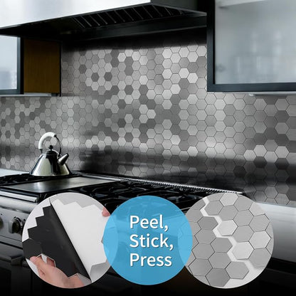 Art3d 10-Pack Metal Peel and Stick Backsplash Tile, Silver Hexagon | 12" x 12", Stainless Steel, Self Adhesive, Anti-Corrosion, Waterproof, Lightweight, Ideal for Kitchens, Bathrooms