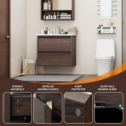Floating Bathroom Vanity | 24-Inch Modern Walnut Color Lacquer Finish, with Sink, 2 Drawers, Space-Saving Design for Small Bathrooms, Easy Installation