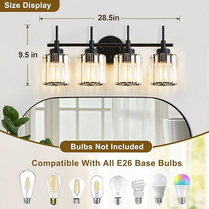 4 Light Round Crystal Vanity Lights, Modern Black Crystal Wall Light Bath Mirror Light Fixture Over Mirror Bathroom Wall Sconces for Bathroom Living Room