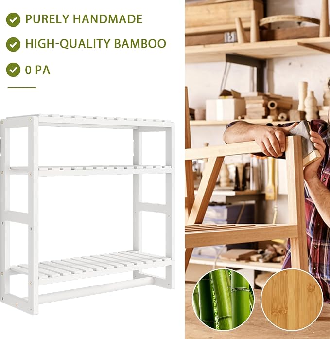 Galood Over The Toilet Storage Bathroom Shelves Wall Mounted 3 Tier White | Space Saver Corner Shelf Organizer Bamboo Towel Rack Toilet Paper Cabinet with Hanging Rod