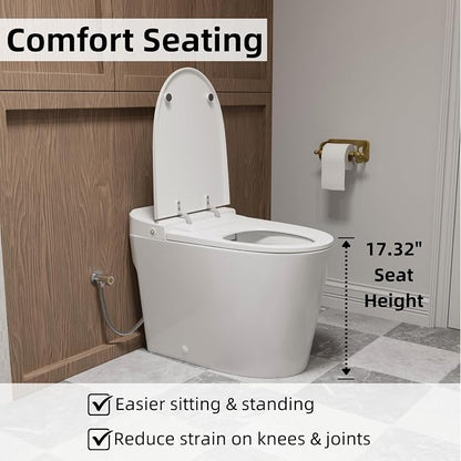 Non Electric One Piece Toilet, 1000g Map & 1.0 GPF, 17.3" ADA & Elongated Tankless Toilet for Bathroom, Powerful Air Pressure Assisted Flush System, Foot Kick Flush Included, 12" Rough in