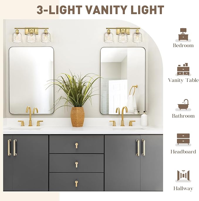 zeyu 21 Inch Bathroom Wall Sconce, 3 Light Sconces Wall Lighting Over Mirror, Brushed Gold Finish with Clear Hammered Glass, ZJF63B-3W BG