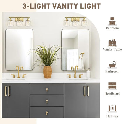 zeyu 21 Inch Bathroom Wall Sconce, 3 Light Sconces Wall Lighting Over Mirror, Brushed Gold Finish with Clear Hammered Glass, ZJF63B-3W BG