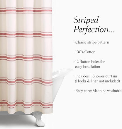 Lush Decor Farmhouse Stripe Cotton Shower Curtain, 72" W x 72" L, Red - Striped Bathroom Curtain - Fabric Shower Curtains - Farmhouse Bathroom Decor