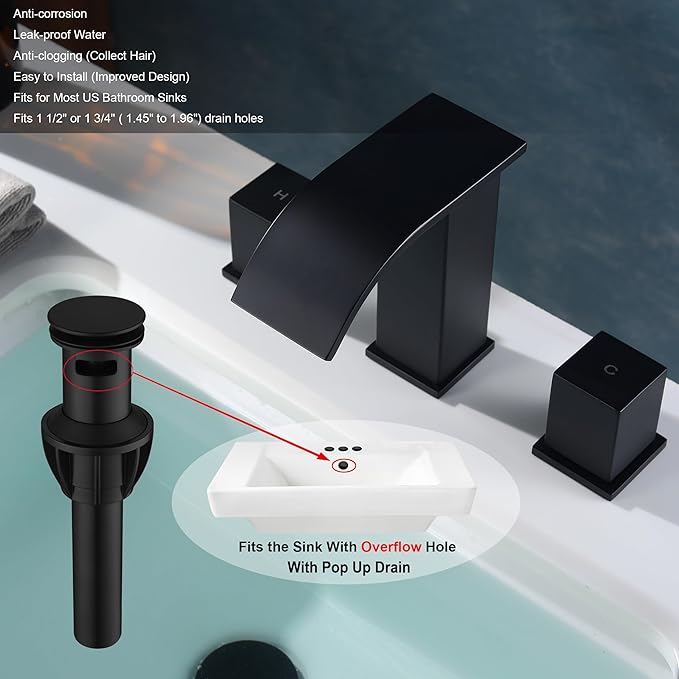 3 Hole Bathroom Faucet, Matte Black 8 inch Bathroom Sink Faucets Widespread 2 Handles, Metal Square Modern Waterfall 3 Hole Bathroom Vanity Faucets with Pop Up Drain, Black Faucet