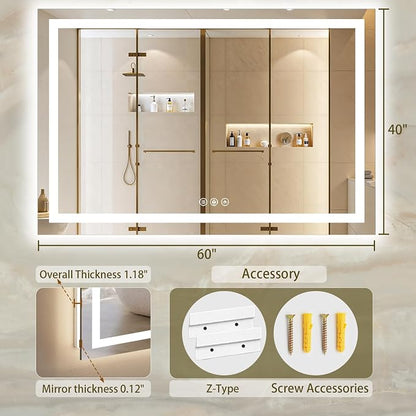 60"x40" LED Bathroom Mirror with Lights, Anti-Fog, Backlit+Frontlit | CRI 95, Stepless Dimmable, 3 Colors Lighting, Shatterproof Tempered Glass, HD Reflection, Memory, (Horizontal/Vertical)