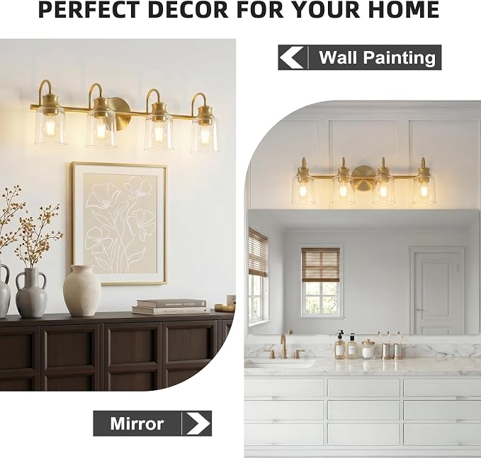 4 Lights Bathroom Light Fixtures Modern Gold Vanity Lights | ETL Certificate, Easy to Install,Wall Mount Up or Down,Thickened Glass Lampshade,E26 Socket,Hardwired