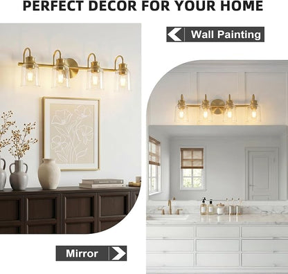 4 Lights Bathroom Light Fixtures Modern Gold Vanity Lights | ETL Certificate, Easy to Install,Wall Mount Up or Down,Thickened Glass Lampshade,E26 Socket,Hardwired
