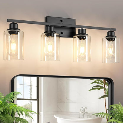 Ascher Bathroom Light Fixtures, 4-Light Vanity Light Over Mirror, Matte Black Wall Sconces with Clear Glass Shades, Wall Lamp for Living Room Bedroom, E26 Base(Bulbs Not Included)
