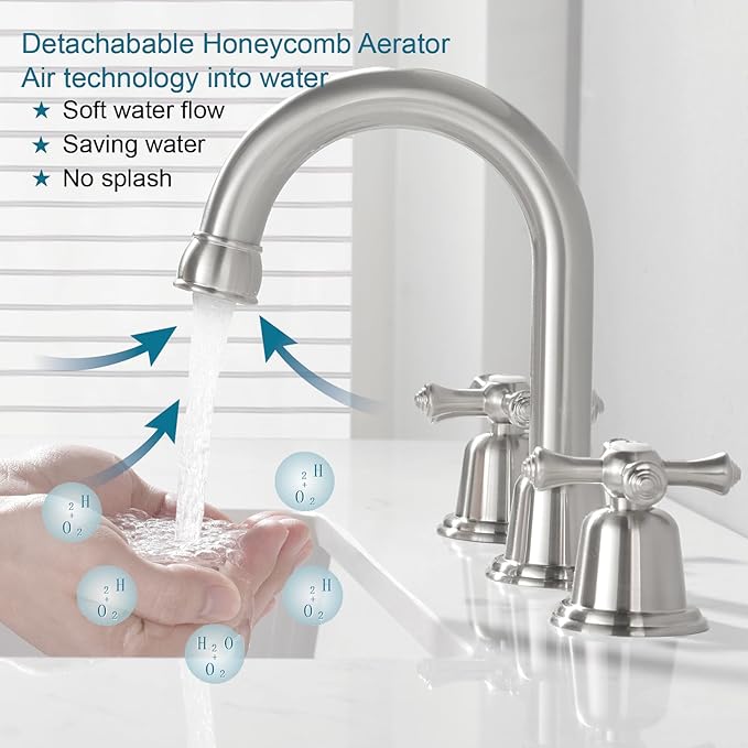RKF Bathroom Faucets for Sink 3 Hole Brushed Nickel 8 inch Widespread Bathroom Sink Faucet with Drain 2 Handles Cross Knobs Faucet Bathroom Vanity Basin Mixer Tap CWF039-BN