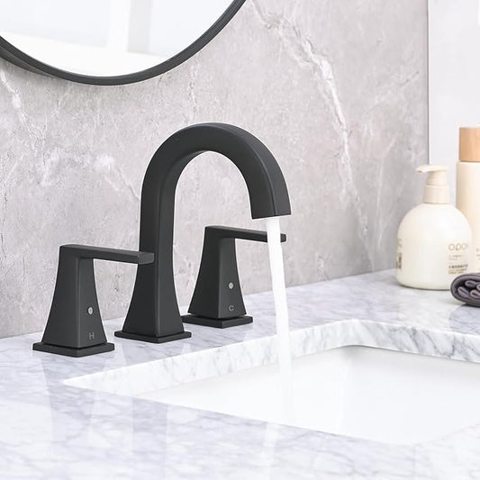 Bathroom Faucets for Sink, 2 Handle Widespread Bathroom Sink Faucet, 3 Hole Modern Stainless Steel Faucet with Pop-up Drain and Water Supply Lines, Matte Black