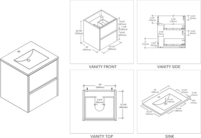 Blossom 20" Modern Bathroom Vanity and Sink Combo - Pre-Assembled Wall Mount Plywood Cabinet - Moisture Proof Glossy White Finish - Designer Powder Room Vanity for Narrow Spaces