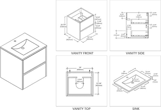 Blossom 20" Modern Bathroom Vanity and Sink Combo - Pre-Assembled Wall Mount Plywood Cabinet - Moisture Proof Glossy White Finish - Designer Powder Room Vanity for Narrow Spaces