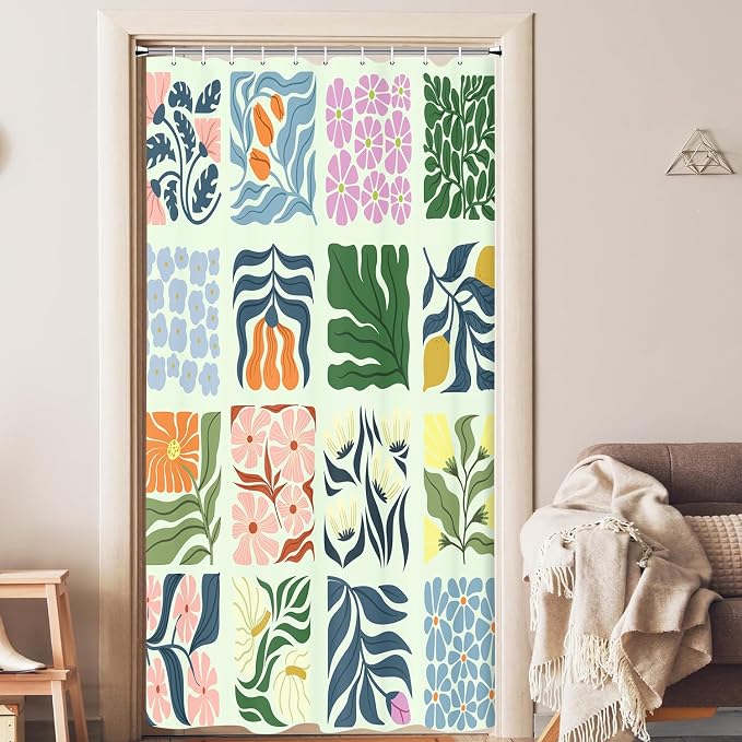 JAWO Retro Shower Curtain Vintage Abstract Boho Floral Shower Curtains for Bathroom Decor Green Teal Botanical Geometric Groovy Aesthetic Pattern Shower Curtain Sets with Hooks, 47X64IN