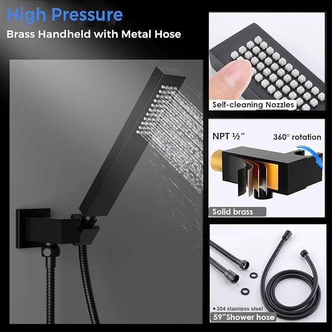 Luxury 20x14in LED Rainfall Mist Dual Shower System Can Run Togther | 4-way Thermostatic Digital Display Brass Valve, Ceiling Flush Mount Showerhead and 6in Tilt Shower, Brass Handheld, Black