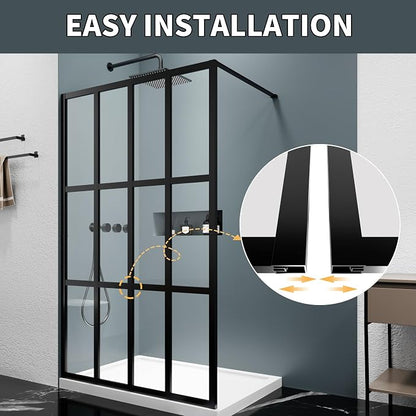 46x72 Matte Black Walk-In Shower Screen, 1/4" Tempered Glass with Frame | Metal Finish Grid Pattern, Aluminum Alloy Frame, Stainless Steel System, Reversible Installation, Easy to Assemble, No Base