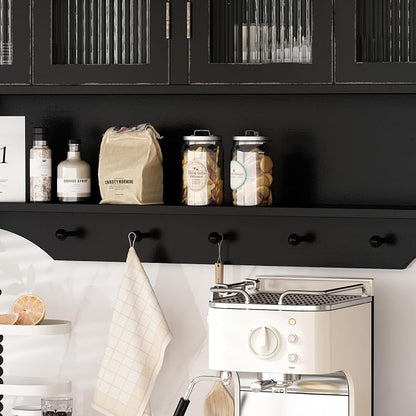 KEIKI 39.37" L Wall Mounted Kitchen Sideboard Cabinet with 4 Glass Door, 5 Hook Rack, 4 Layers Shelves, Retro Storage Buffet Medicine Cabinet for Bathroom, Dining Rooms, Entryway, Solid Wood, Black