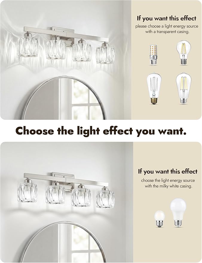 VOLISUN Crystal Vanity Lights for Bathroom, 4 Light Bathroom Vanity Light, Modern Stainless Steel Bathrooms Lights Over Mirror, Chrome Bathrooms Lights Fixtures-UL Certificated(Exclude Bulb)