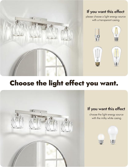 VOLISUN Crystal Vanity Lights for Bathroom, 4 Light Bathroom Vanity Light, Modern Stainless Steel Bathrooms Lights Over Mirror, Chrome Bathrooms Lights Fixtures-UL Certificated(Exclude Bulb)
