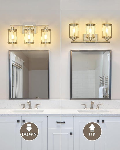 3-Light Brushed Nickel Bathroom Light Fixtures, 21 Inch Modern Bathroom Vanity Lighting Fixtures Over Mirror with Clear Glass and Metal Cage Wall Sconce Lights for Bath, E26, OS-3014BN-3W