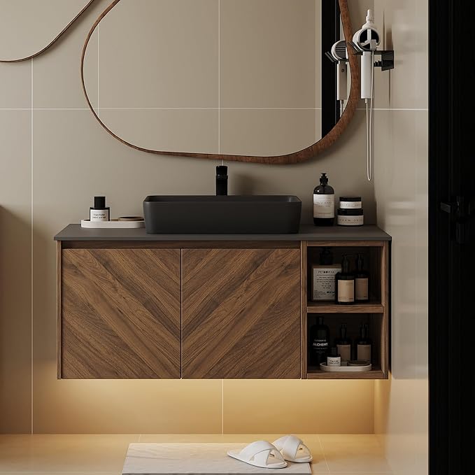 36 Inch Floating Vanity Bathroom with Single Sink, Wall-Mounted Floating Bathroom Cabinet with Sintered Stone Countertop & Black Ceramic Basin, Ample Storage and Open Shelves, Dark Wood