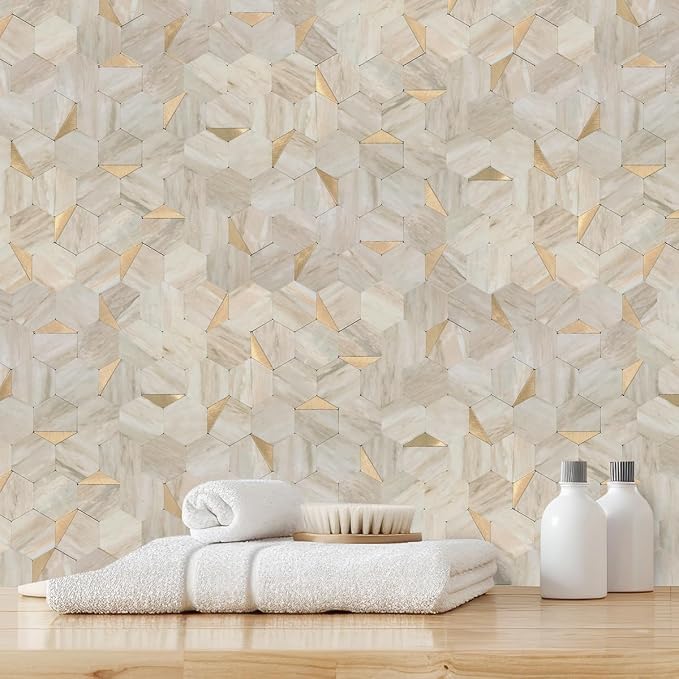 Hexagon Peel and Stick Backsplash for Kitchen Wall, 10 Sheets Heat Resistant Stick on Backsplash PVC Smart Tiles, 12'' Beige Marble Waterproof Peel and Stick Wall Tiles for Bathroom