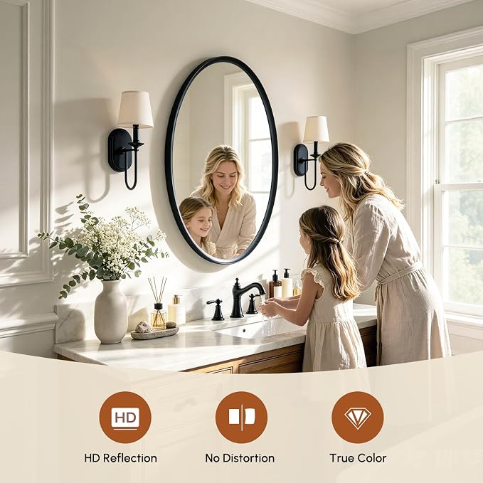 Black Oval Bathroom Mirror 24x36 Inch | Vanity Wall Mirror, Crystal-Clear HD Glass, Rust-Proof Aluminum Frame, Inner-Curved Decor for Bedroom, Entryway Renovation