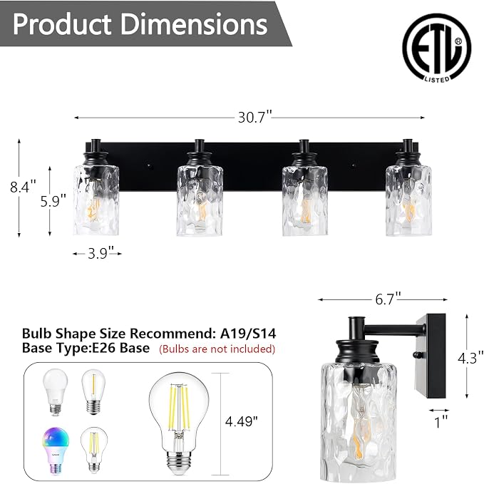 4 Light Bathroom Vanity Light Modern Black Bathroom Light Fixtures Over Mirror with Hammered Glass Lampshade for Kitchen Hallway