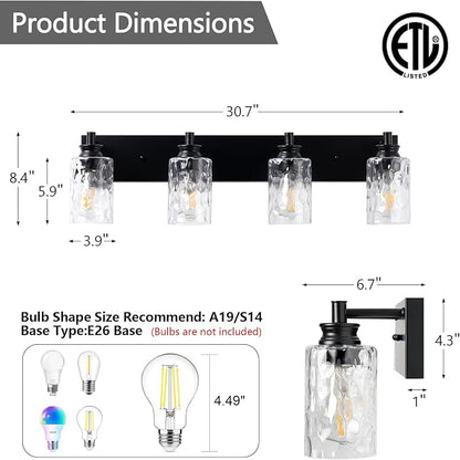 4 Light Bathroom Vanity Light Modern Black Bathroom Light Fixtures Over Mirror with Hammered Glass Lampshade for Kitchen Hallway