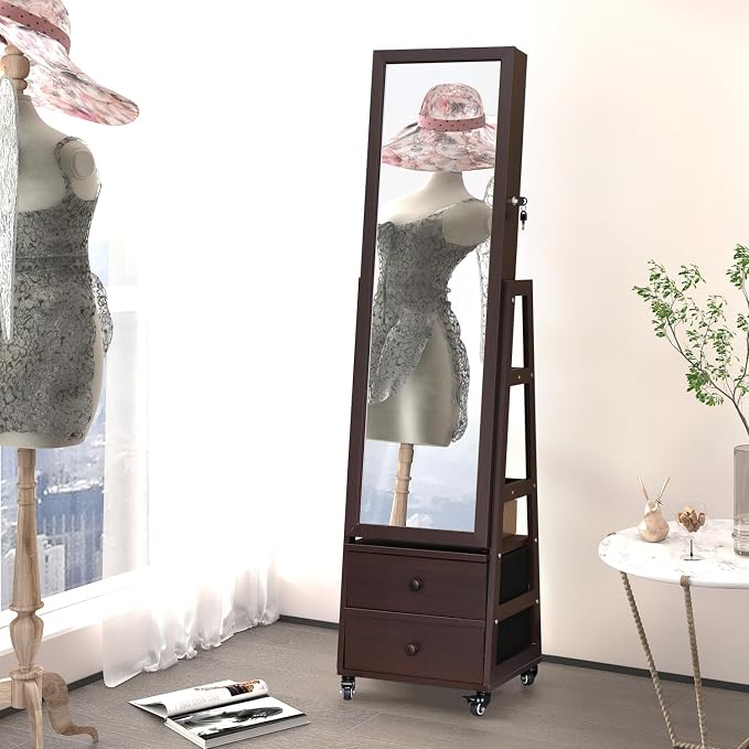 Standing Jewelry Cabinet with Lockable,Full Length Mirror with Storage | Large Capacity Jewelry Organizer Armoire Floor Mirror with Back Storage Shelves for Bedroom Brown