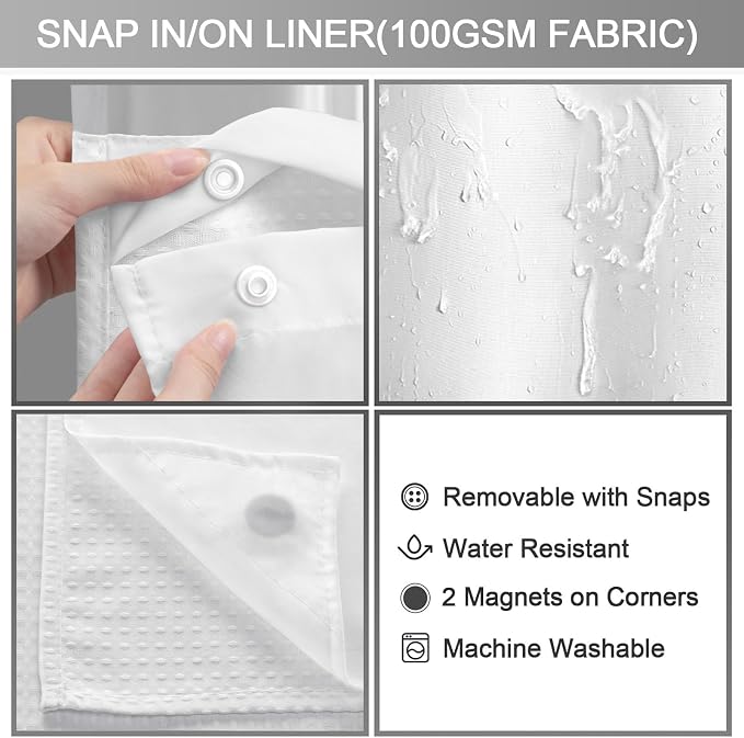 No Hook Shower Curtain with Fabric Liner White Hotel Waffle 75" L x 72" W,EVA Clear Window Shower | Washable Snap in Fabric Liner, Mesh Top Window, Waffle Hotel Style Shower Curtain Set