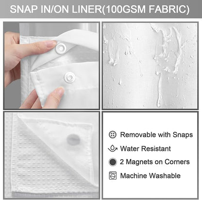 No Hook Shower Curtain with Fabric Liner White Hotel Waffle 75" L x 72" W,EVA Clear Window Shower | Washable Snap in Fabric Liner, Mesh Top Window, Waffle Hotel Style Shower Curtain Set